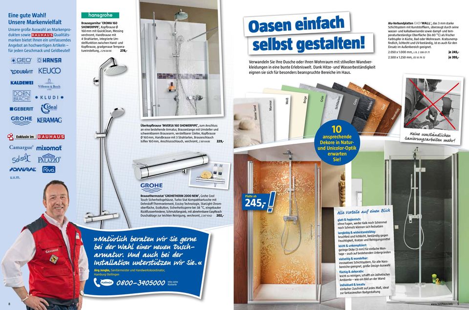 Brausegarnitur 'CROMA 160 SHOWERPIPE', Kopfbrause Ø 160 mm mit QuickClean, Messing verchromt, Handbrause mit 4 Strahlarten, integrierte Umstellfunktion zwischen Hand- und Kopfbrause, gradgenaue