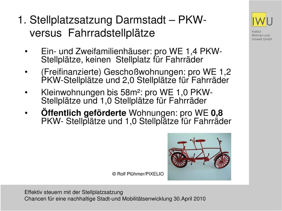 2,0 Stellplätze für Fahrräder Kleinwohnungen bis 58m²: pro WE 1,0 PKW- Stellplätze und 1,0 Stellplätze für
