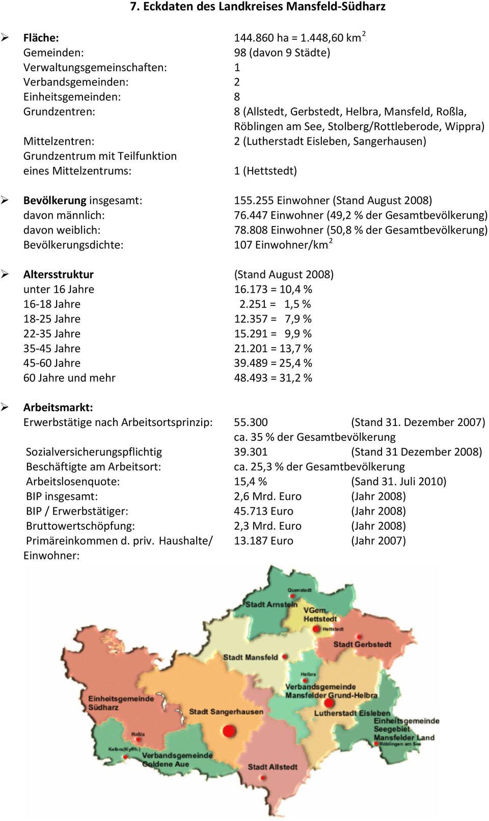 Stolberg/Rottleberode, Wippra) Mittelzentren: 2 (Lutherstadt Eisleben, Sangerhausen) Grundzentrum mit Teilfunktion eines Mittelzentrums: 1 (Hettstedt) Bevölkerung insgesamt: 155.
