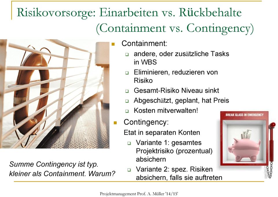 Containment: Contingency: Etat in separaten Konten andere, oder zusätzliche Tasks in WBS Eliminieren, reduzieren