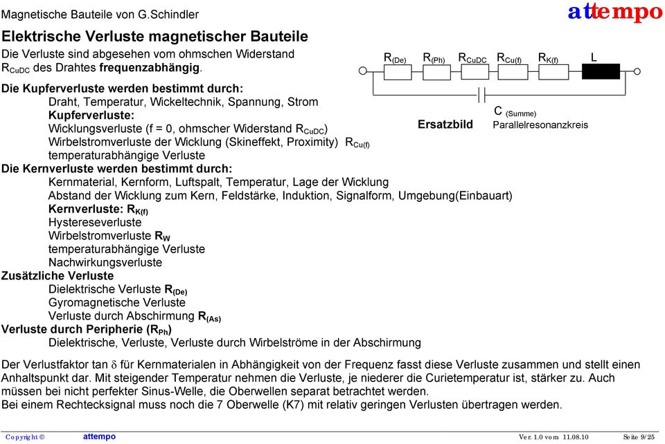 CuDC ) Wirbelstromverluste der Wicklung (Skineffekt, Proximity) R Cu(f) temperaturabhängige Verluste Die Kernverluste werden bestimmt durch: Kernmaterial, Kernform, Luftspalt, Temperatur, Lage der