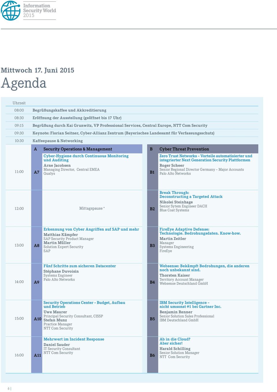 09:30 Keynote: Florian Seitner, Cyber-Allianz Zentrum (Bayerisches Landesamt für Verfassungsschutz) 10:30 Kaffeepause & Networking 11:00 A7 A Security Operations & Management B Cyber Threat