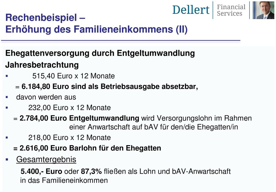 784,00 Euro Entgeltumwandlung wird Versorgungslohn im Rahmen einer Anwartschaft auf bav für den/die Ehegatten/in 218,00 Euro x