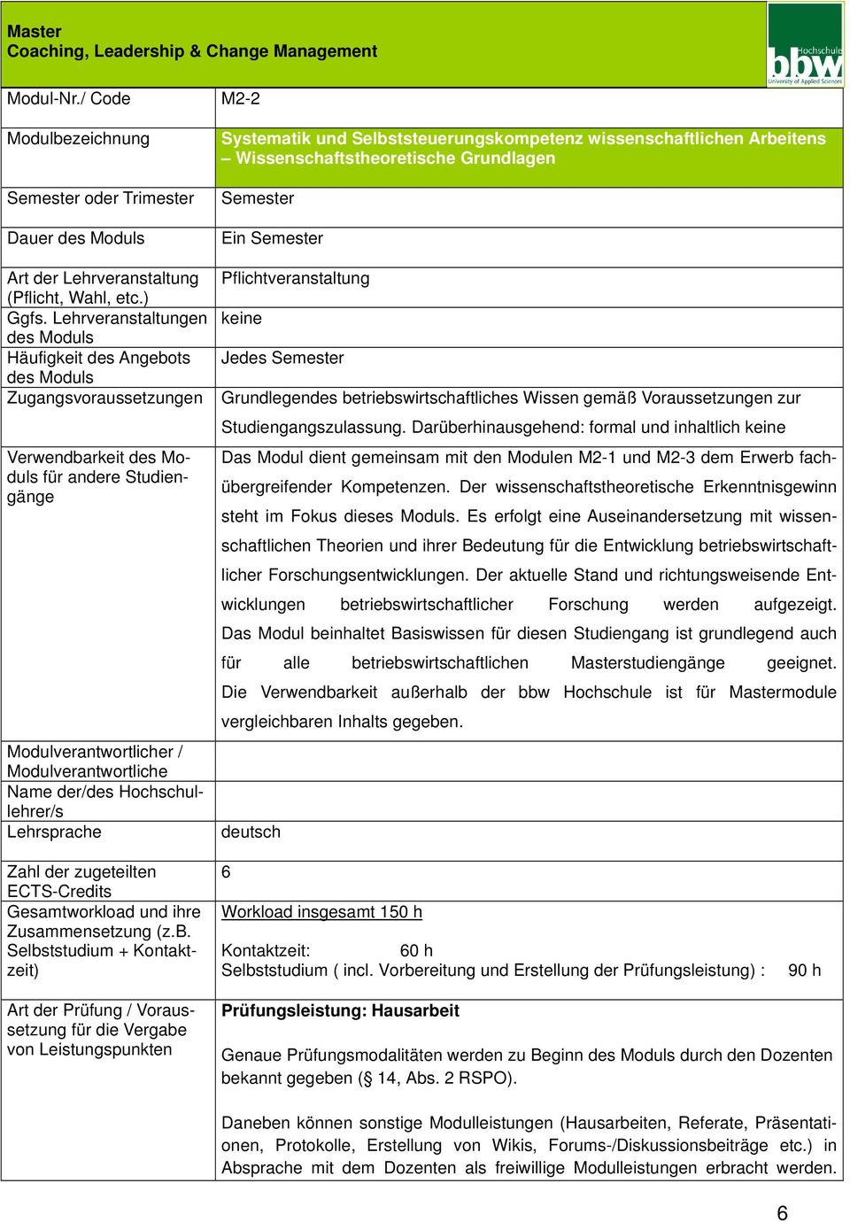 Systematik und Selbststeuerungskompetenz wissenschaftlichen Arbeitens Wissenschaftstheoretische Grundlagen Semester Ein Semester Pflichtveranstaltung keine Jedes Semester Grundlegendes