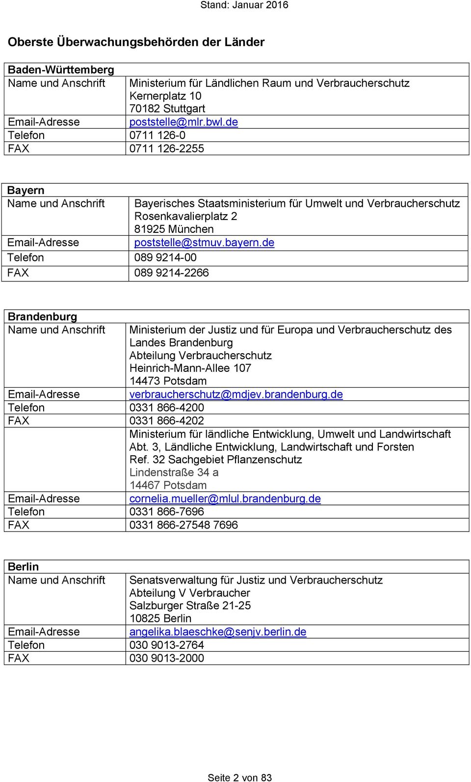 de Bayern Name und Anschrift Email-Adresse Telefon 089 9214-00 FAX 089 9214-2266 Bayerisches Staatsministerium für Umwelt und Verbraucherschutz Rosenkavalierplatz 2 81925 München poststelle@stmuv.