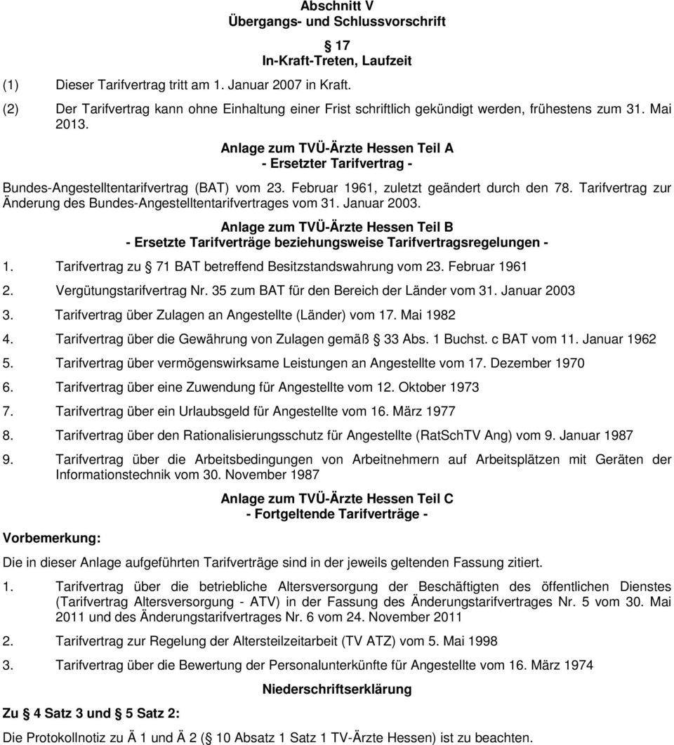 Anlage zum TVÜ-Ärzte Hessen Teil A - Ersetzter Tarifvertrag - Bundes-Angestelltentarifvertrag (BAT) vom 23. Februar 1961, zuletzt geändert durch den 78.