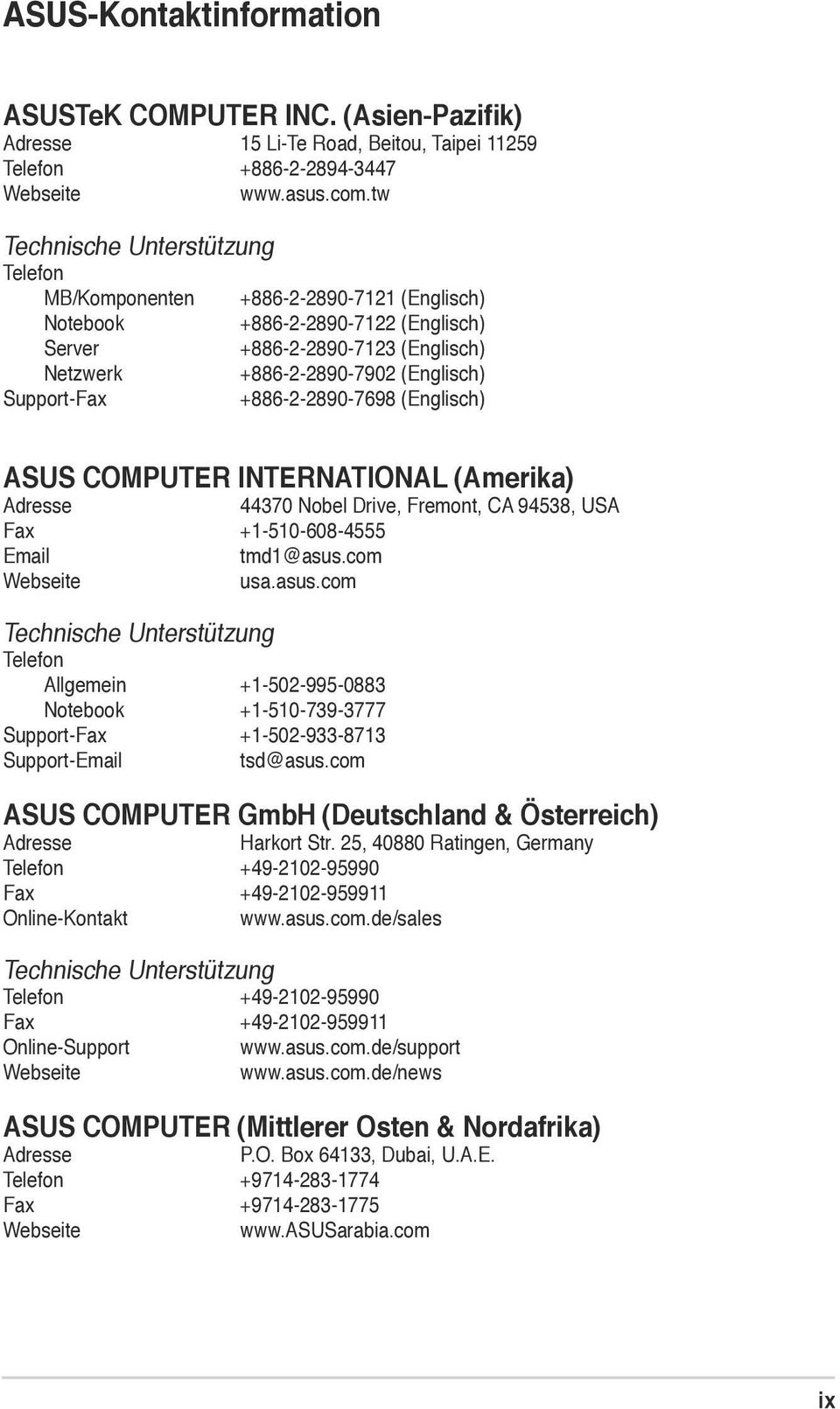 +886-2-2890-7698 (Englisch) ASUS COMPUTER INTERNATIONAL (Amerika) Adresse 44370 Nobel Drive, Fremont, CA 94538, USA Fax +1-510-608-4555 Email tmd1@asus.