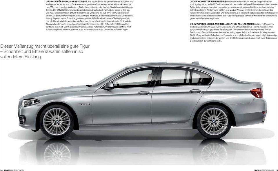 Dadurch reduziert sich der Kraftstoffbedarf auch bei höherem Tempo. Die BMW 520d Limousine begnügt sich im Durchschnitt mit 4,5 Liter Diesel je 100 km.