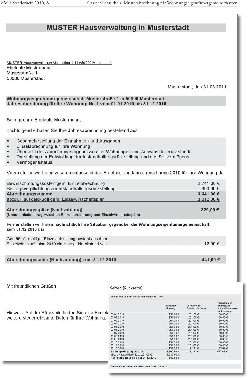 2010 Sehr geehrte Eheleute Mustermann, nachfolgend erhalten Sie Ihre Jahresabrechnung bestehend aus: Gesamtdarstellung der Einnahmen- und Ausgaben Einzelabrechnung für Ihre Wohnung Übersicht der