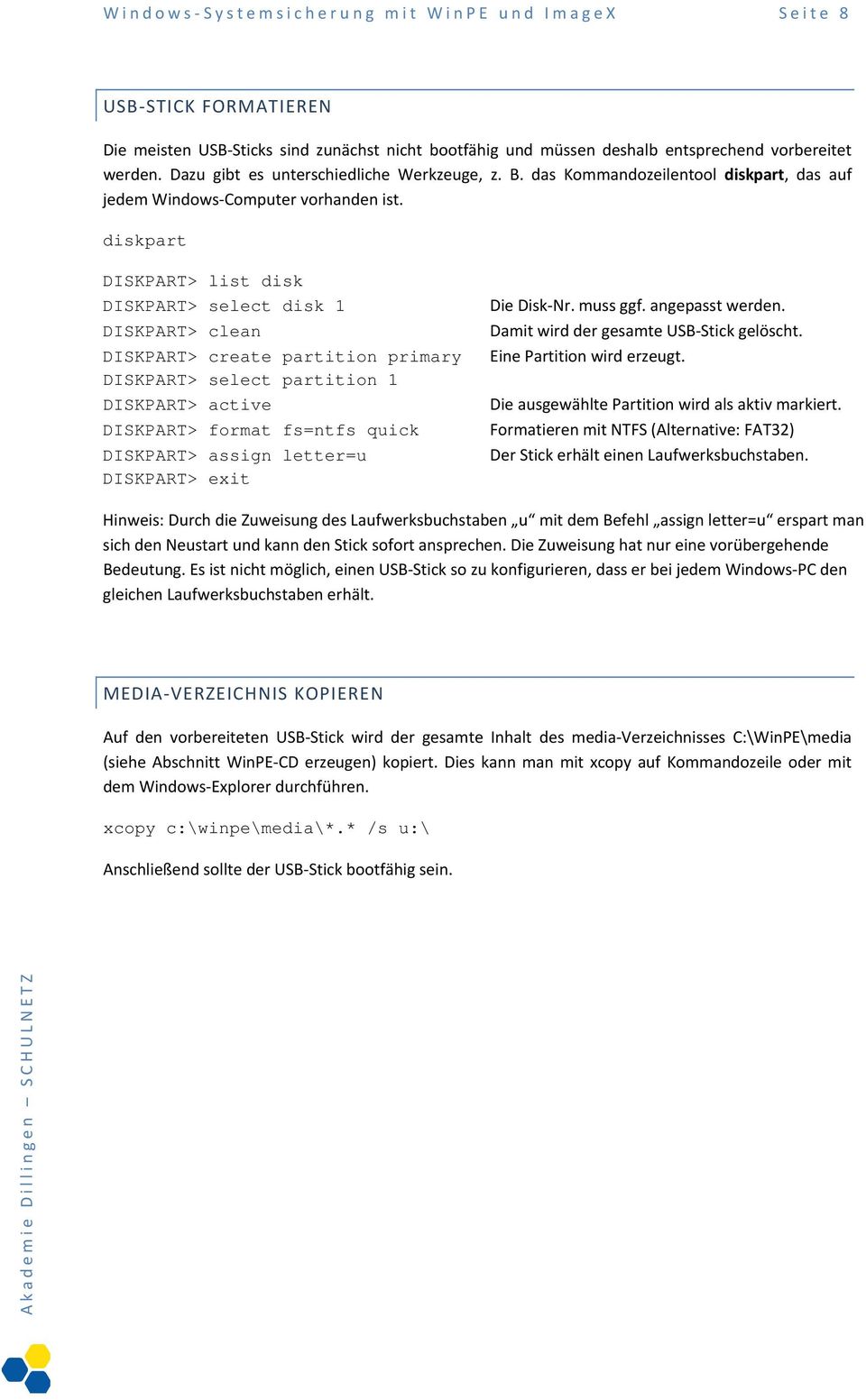 diskpart DISKPART> list disk DISKPART> select disk 1 DISKPART> clean DISKPART> create partition primary DISKPART> select partition 1 DISKPART> active DISKPART> format fs=ntfs quick DISKPART> assign