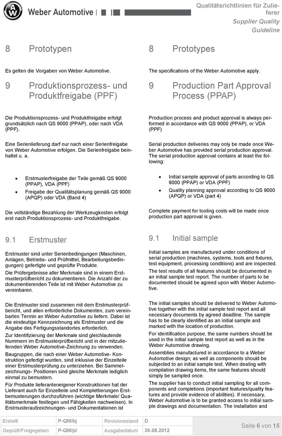Production process and product approval is always performed in accordance with QS 9000 (PPAP), or VDA (PPF) Eine Serienlieferung darf nur nach einer Serienfreigabe von Weber Automotive erfolgen.