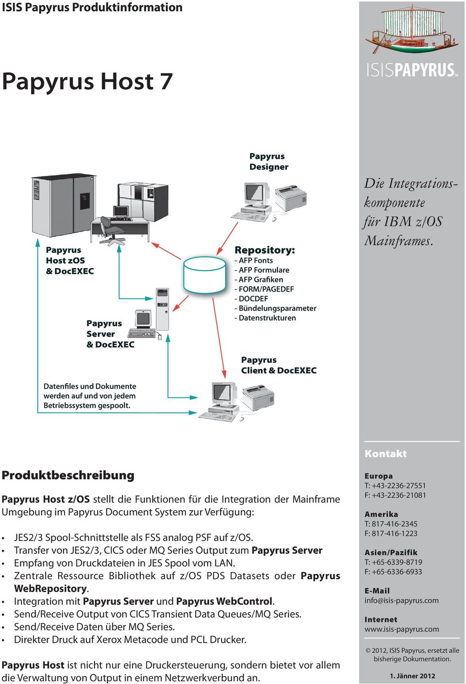 Kontakt Produktbeschreibung Host z/os stellt die Funktionen für die Integration der Mainframe Umgebung im Document System zur Verfügung: JES2/3 Spool-Schnittstelle als FSS analog PSF auf z/os.