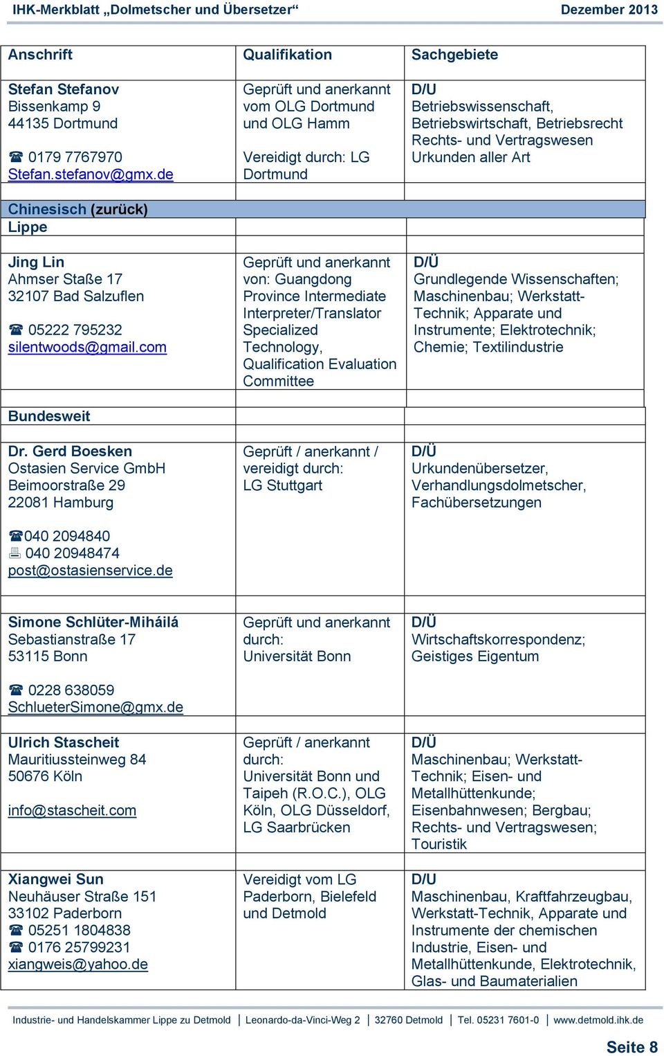 de Geprüft und anerkannt vom OLG Dortmund und Vereidigt LG Dortmund Geprüft und anerkannt von: Guangdong Province Intermediate Interpreter/Translator Specialized Technology, Qualification Evaluation