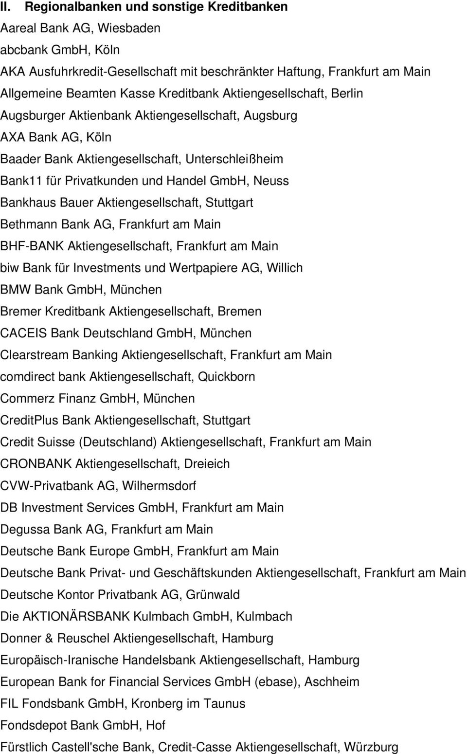 Neuss Bankhaus Bauer Aktiengesellschaft, Stuttgart Bethmann Bank AG, Frankfurt am Main BHF-BANK Aktiengesellschaft, Frankfurt am Main biw Bank für Investments und Wertpapiere AG, Willich BMW Bank