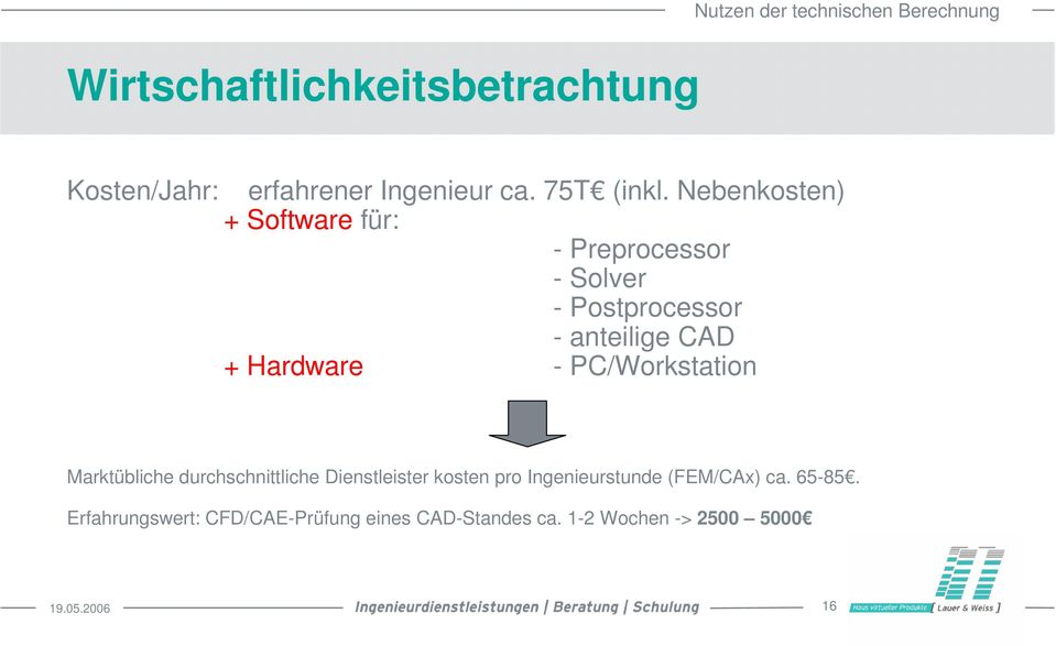 Nebenkosten) + Software für: - Preprocessor - Solver - Postprocessor - anteilige CAD + Hardware -