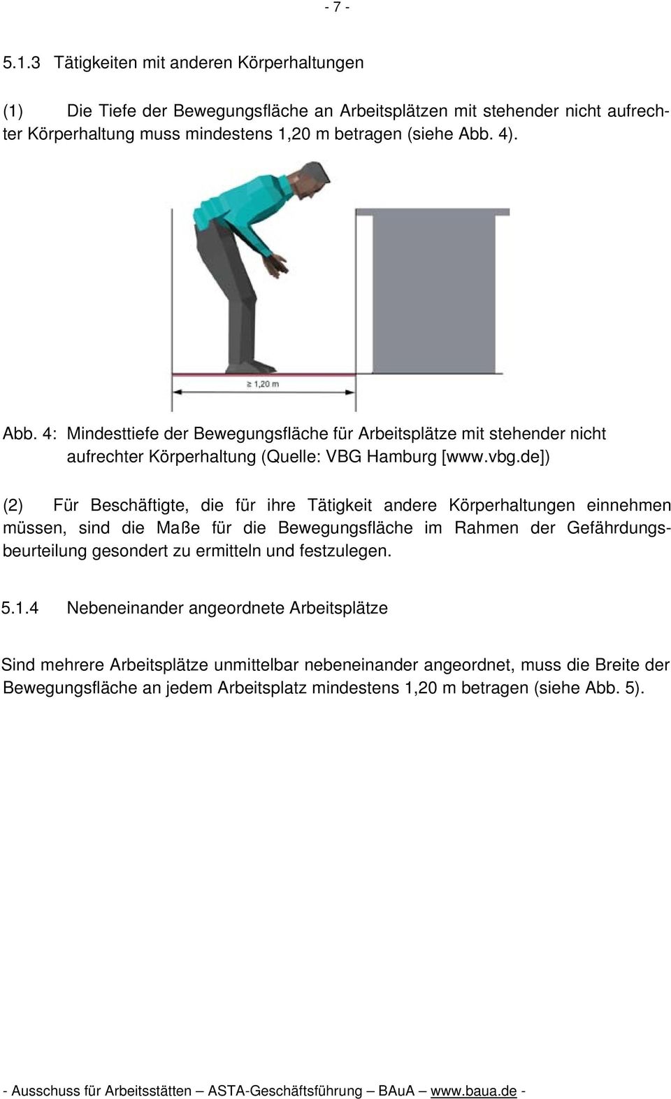 Abb. 4: Mindesttiefe der Bewegungsfläche für Arbeitsplätze mit stehender nicht aufrechter Körperhaltung (Quelle: VBG Hamburg [www.vbg.