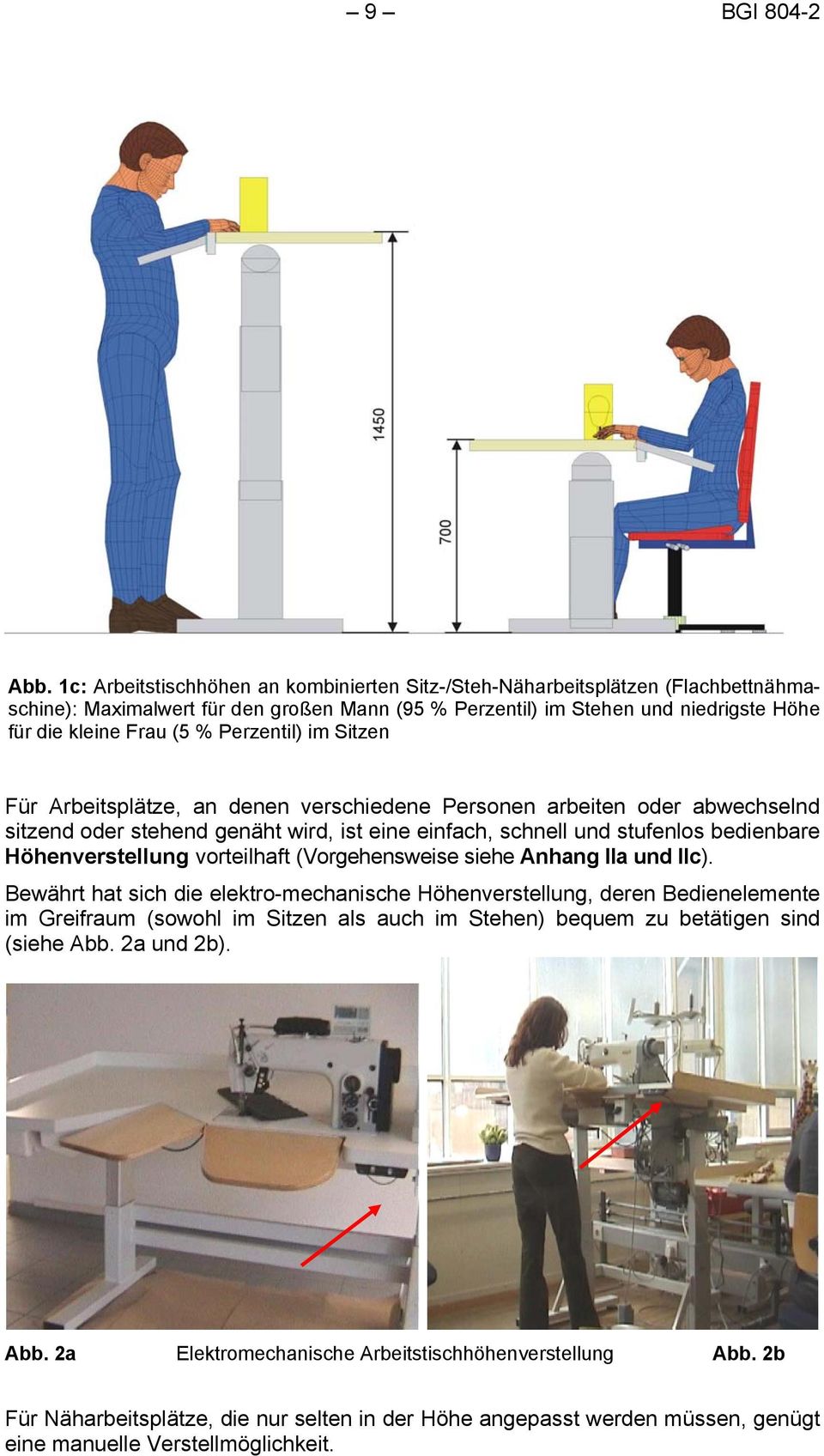 Perzentil) im Sitzen Für Arbeitsplätze, an denen verschiedene Personen arbeiten oder abwechselnd sitzend oder stehend genäht wird, ist eine einfach, schnell und stufenlos bedienbare Höhenverstellung
