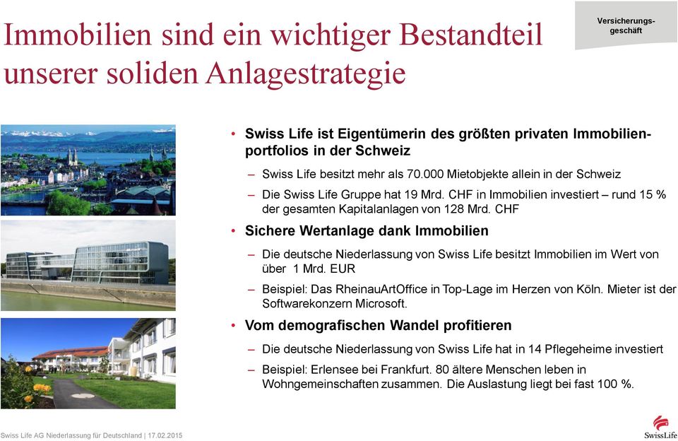 CHF Sichere Wertanlage dank Immobilien Die deutsche Niederlassung von Swiss Life besitzt Immobilien im Wert von über 1 Mrd. EUR Beispiel: Das RheinauArtOffice in Top-Lage im Herzen von Köln.