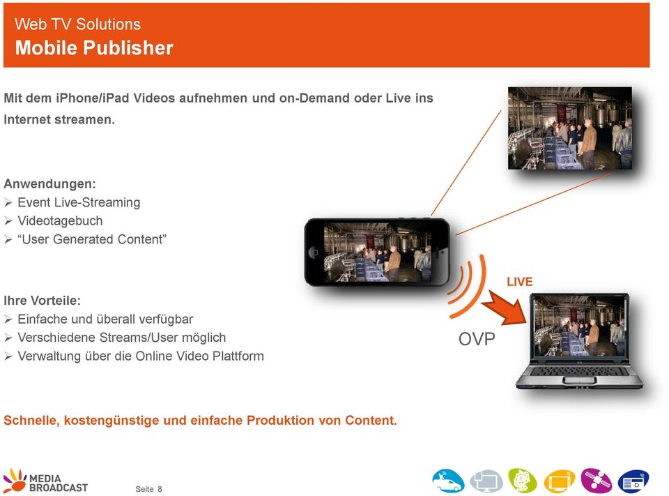 Anwendungen: Event Live-Streaming Videotagebuch User Generated Content Ihre Vorteile: