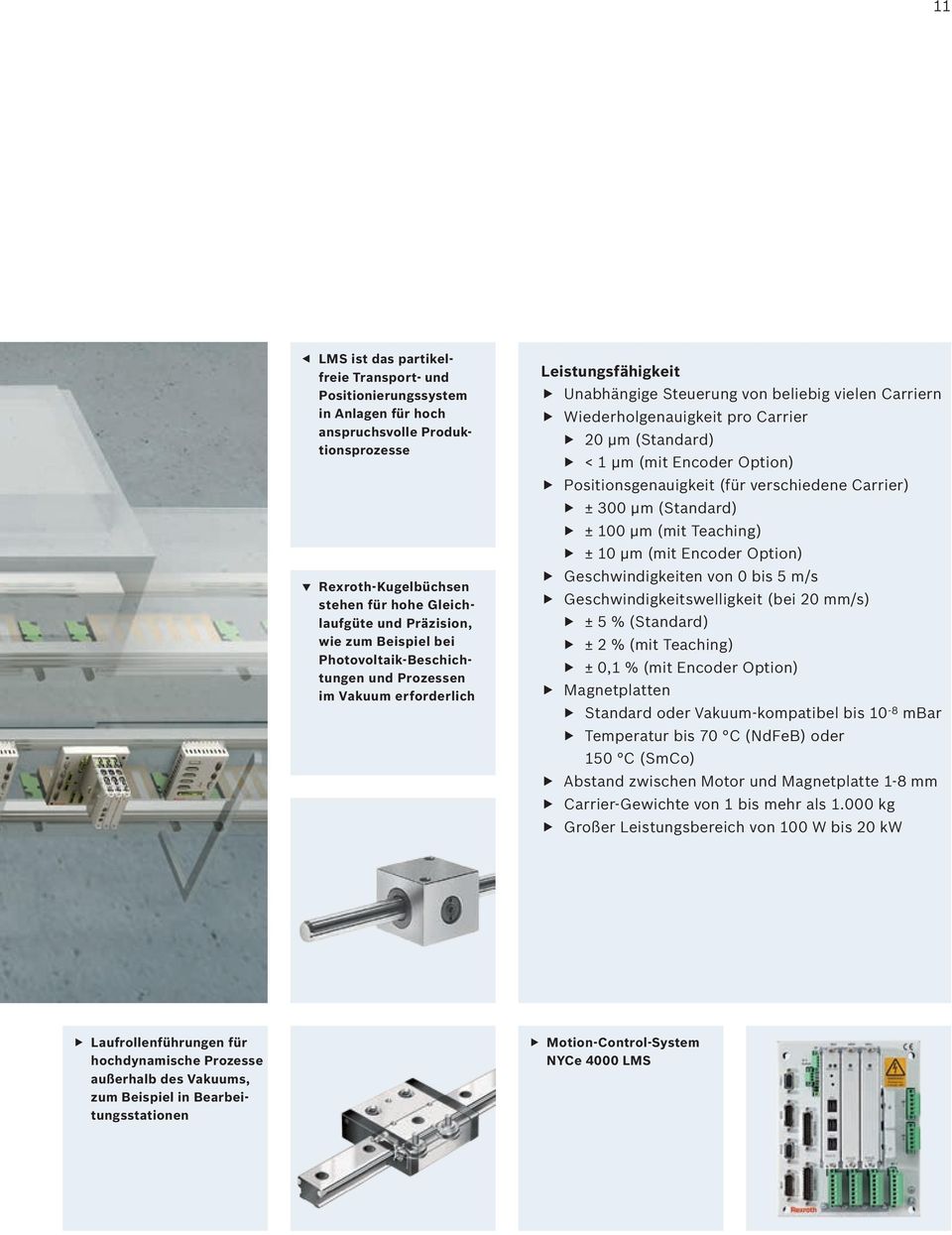 Unabhängige Steuerung von beliebig vielen Carriern Wiederholgenauigkeit pro Carrier 20 μm (Standard) < 1 μm (mit Encoder Option) Positionsgenauigkeit (für verschiedene Carrier) ± 300 μm (Standard) ±