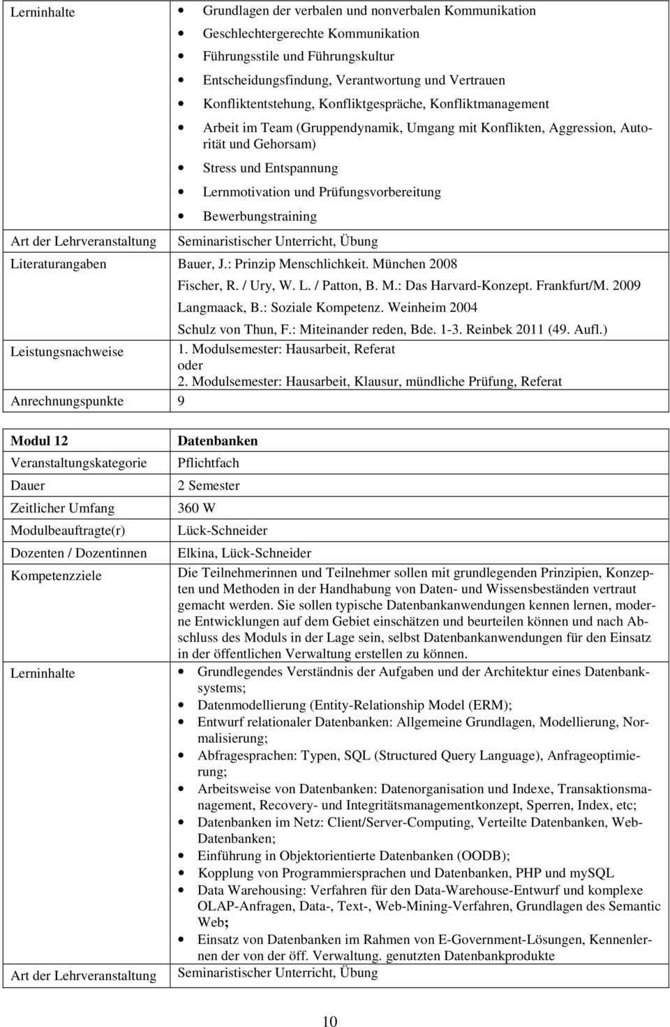 Bewerbungstraining Seminaristischer Unterricht, Übung Bauer, J.: Prinzip Menschlichkeit. München 2008 Fischer, R. / Ury, W. L. / Patton, B. M.: Das Harvard-Konzept. Frankfurt/M. 2009 Langmaack, B.