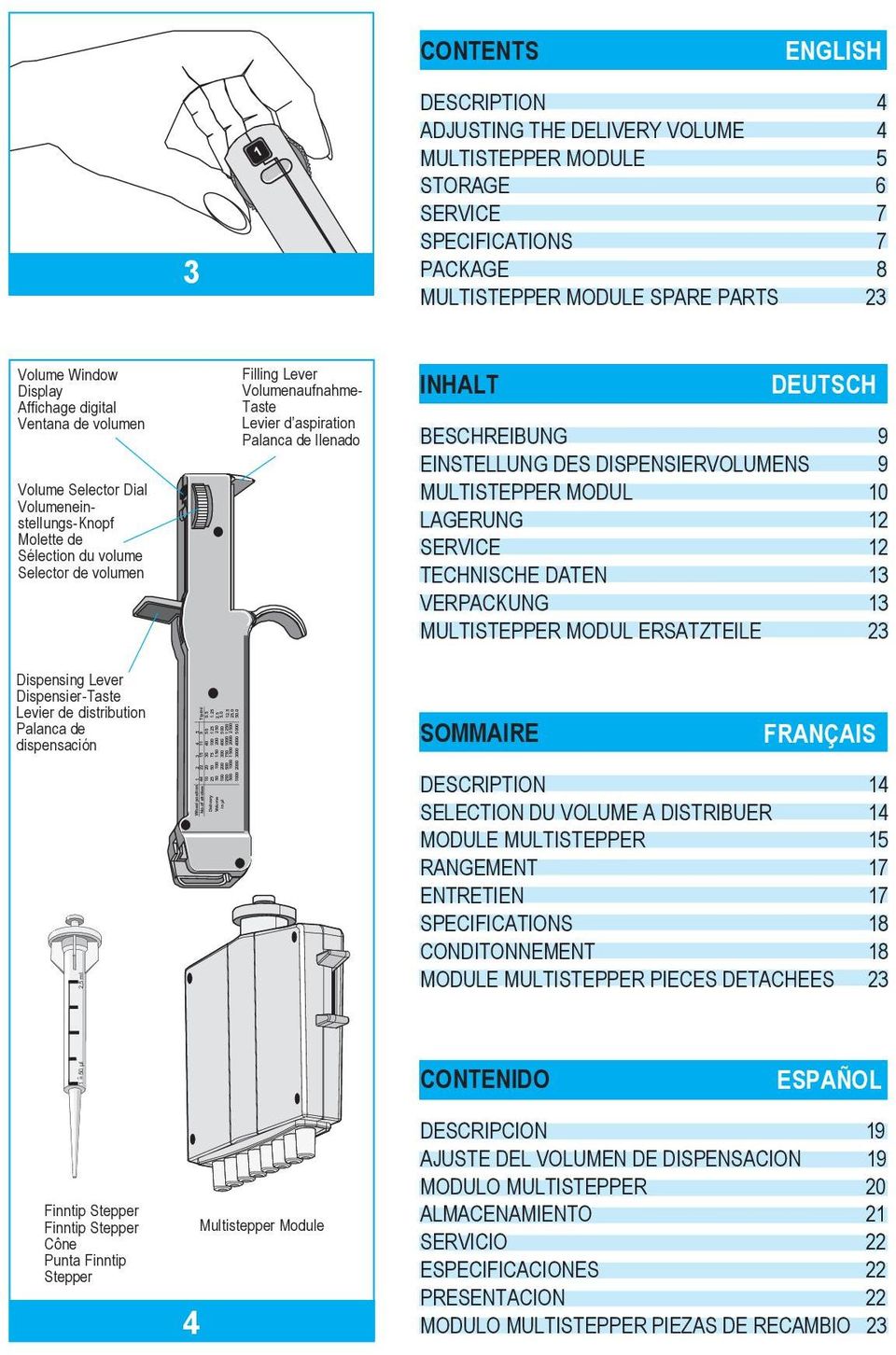 Affichage digital Ventana de volumen Volume Selector Dial Volumeneinstellungs-Knopf Molette de Sélection du volume Selector de volumen Filling Lever Volumenaufnahme- Taste Levier d aspiration Palanca