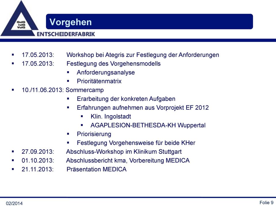 Erfahrungen aufnehmen aus Vorprojekt EF 2012! Klin. Ingolstadt! AGAPLESION-BETHESDA-KH Wuppertal! Priorisierung!