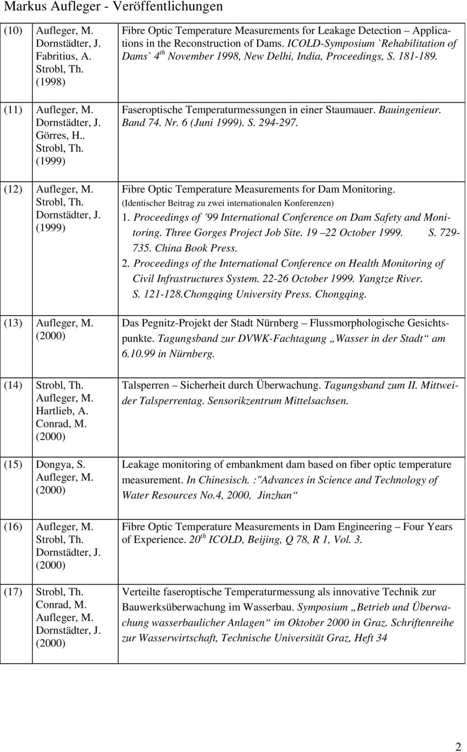 ICOLD-Symposium `Rehabilitation of Dams` 4 th November 1998, New Delhi, India, Proceedings, S. 181-189. Faseroptische Temperaturmessungen in einer Staumauer. Bauingenieur. Band 74. Nr. 6 (Juni 1999).