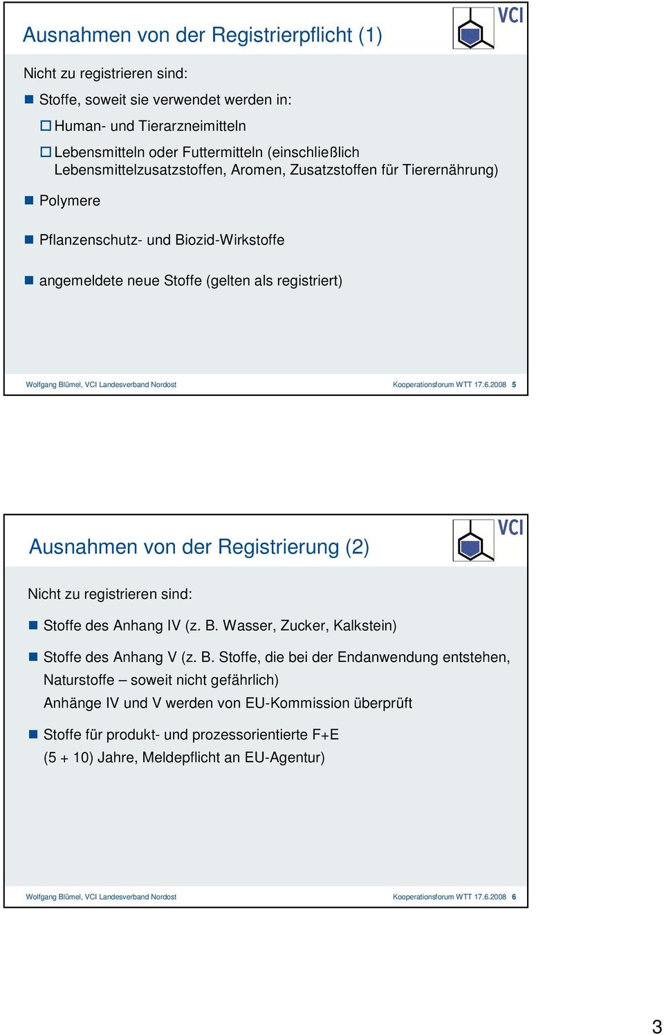 Nordost Kooperationsforum WTT 17.6.2008 5 Ausnahmen von der Registrierung (2) Nicht zu registrieren sind: Stoffe des Anhang IV (z. B.