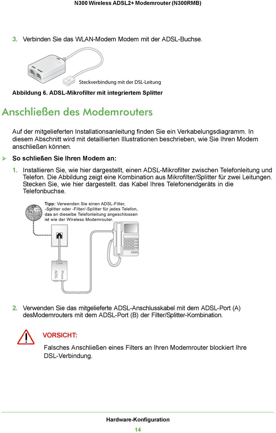 In diesem Abschnitt wird mit detaillierten Illustrationen beschrieben, wie Sie Ihren Modem anschließen können. So schließen Sie Ihren Modem an: Steckverbindung mit der DSL-Leitung 1.