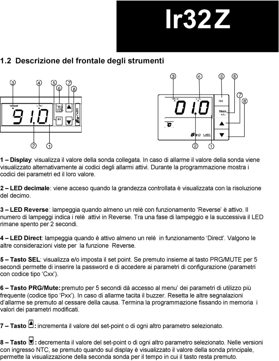 2 LED decimale: viene acceso quando la grandezza controllata è visualizzata con la risoluzione del decimo. 3 LED Reverse: lampeggia quando almeno un relè con funzionamento Reverse è attivo.