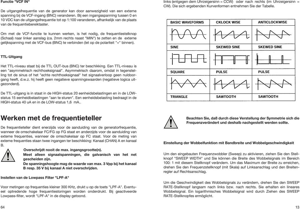 links (entgegen dem Uhrzeigersinn = CCW) oder nach rechts (im Uhrzeigersinn = CW). Die sich ergebenden Kurvenformen entnehmen Sie der Tabelle.