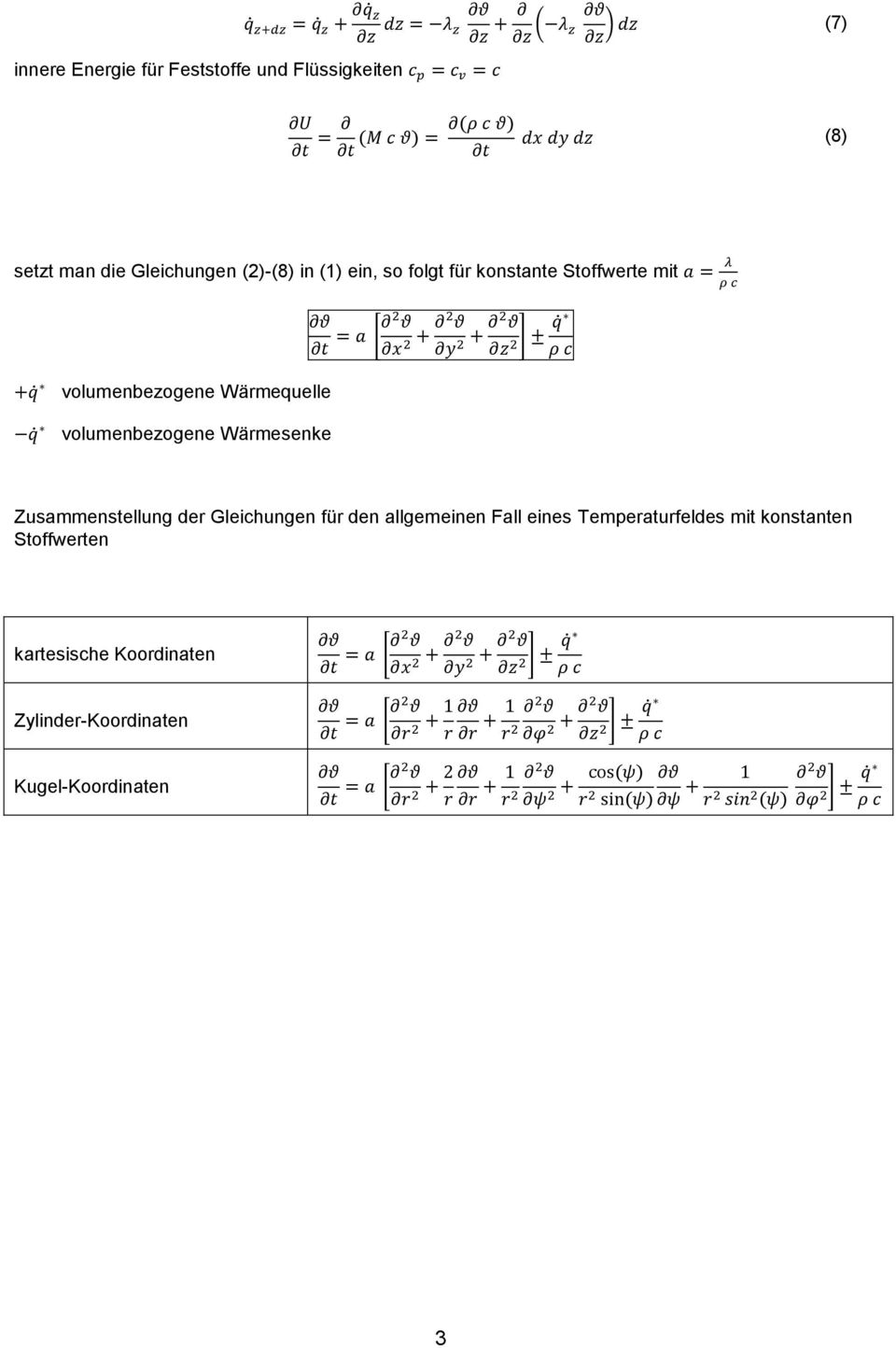 Wärmesenke Zusammenstellung der Gleichungen für den allgemeinen Fall eines Temperaturfeldes mit