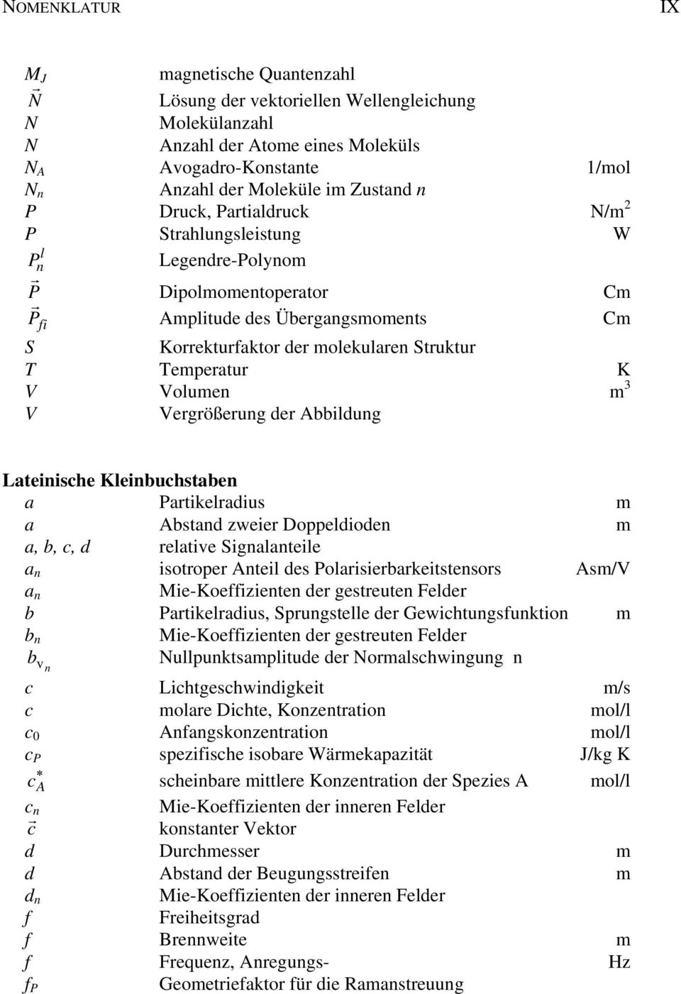 Temperatur K V Volumen m 3 V Vergrößerung der Abbildung Lateinische Kleinbuchstaben a Partikelradius m a Abstand zweier Doppeldioden m a, b, c, d relative Signalanteile a n isotroper Anteil des