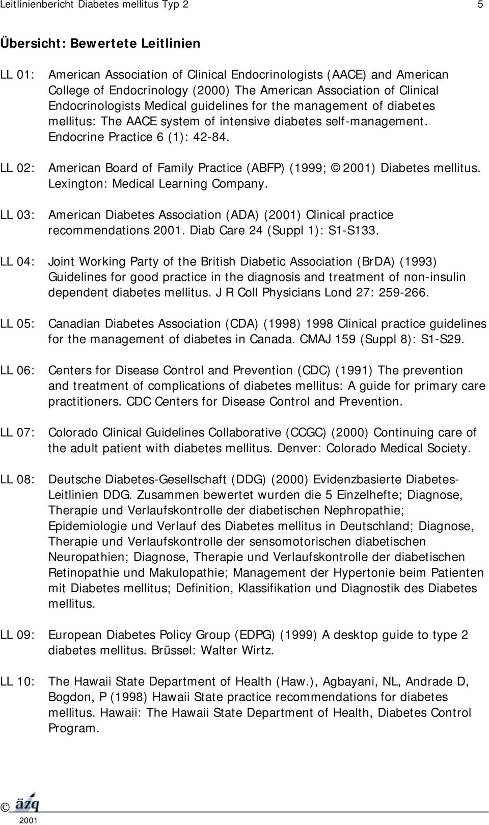 LL 02: American Board of Family Practice (ABFP) (1999; ) Diabetes mellitus. Lexington: Medical Learning Company. LL 03: American Diabetes Association (ADA) () Clinical practice recommendations.