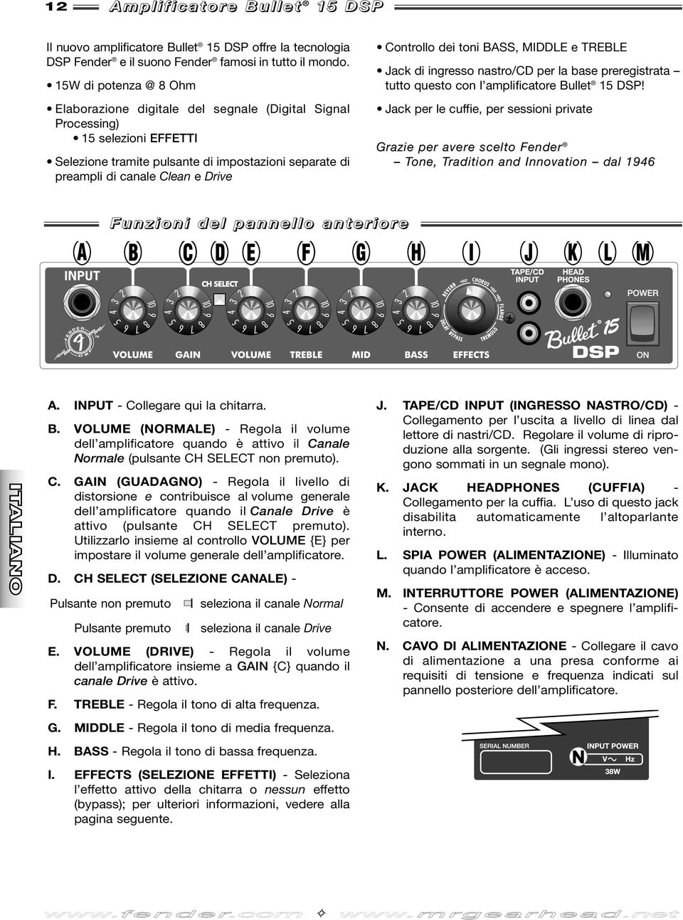 Controllo dei toni BASS, MIDDLE e TREBLE Jack di ingresso nastro/cd per la base preregistrata tutto questo con l amplificatore Bullet 15 DSP!