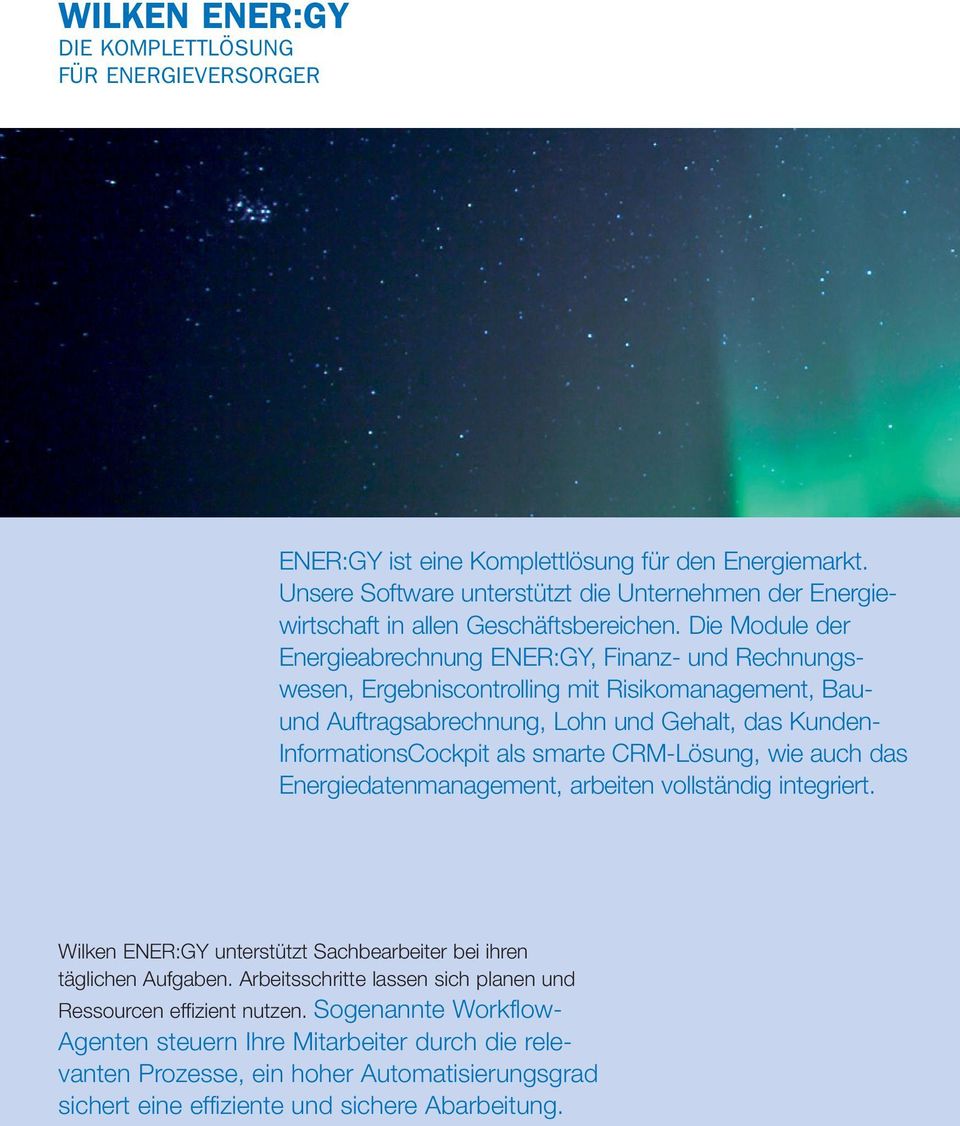 Die Module der Energieabrechnung ENER:GY, Finanz- und Rechnungs - wesen, Ergebniscontrolling mit Risikomanagement, Bauund Auftragsabrechnung, Lohn und Gehalt, das Kunden- InformationsCockpit als