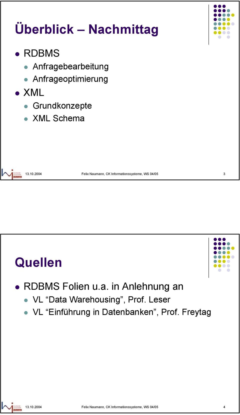 2004 Felix Naumann, CK Informationssysteme, WS 04/05 3 Quellen RDBMS Folien u.a. in Anlehnung an VL Data Warehousing, Prof.