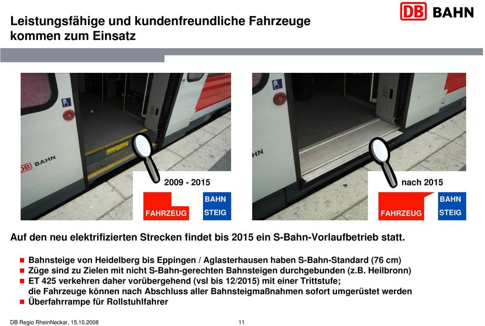 Bahnsteige von Heidelberg bis Eppingen / Aglasterhausen haben S-Bahn-Standard (76 cm) Züge sind zu Zielen mit nicht S-Bahn-gerechten Bahnsteigen