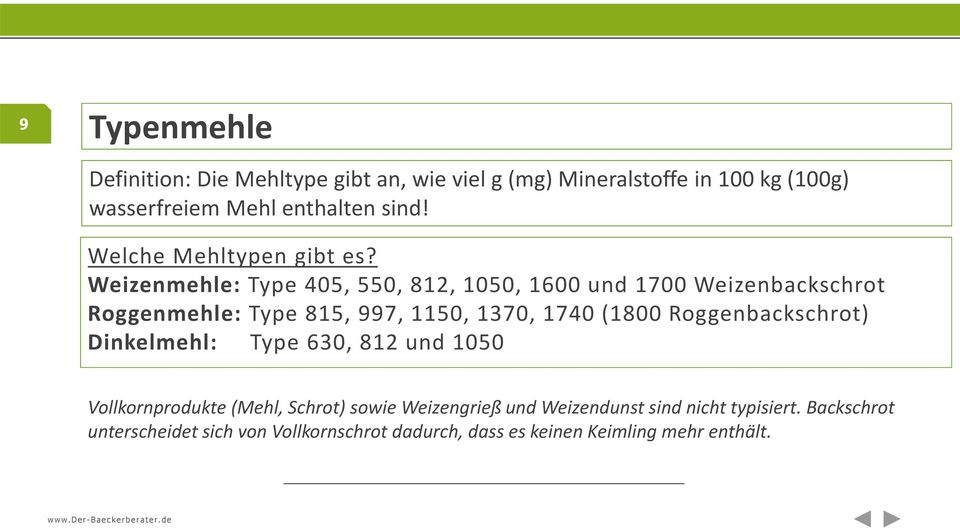 Weizenmehle: Type 405, 550, 812, 1050, 1600 und 1700 Weizenbackschrot Roggenmehle: Type 815, 997, 1150, 1370, 1740 (1800