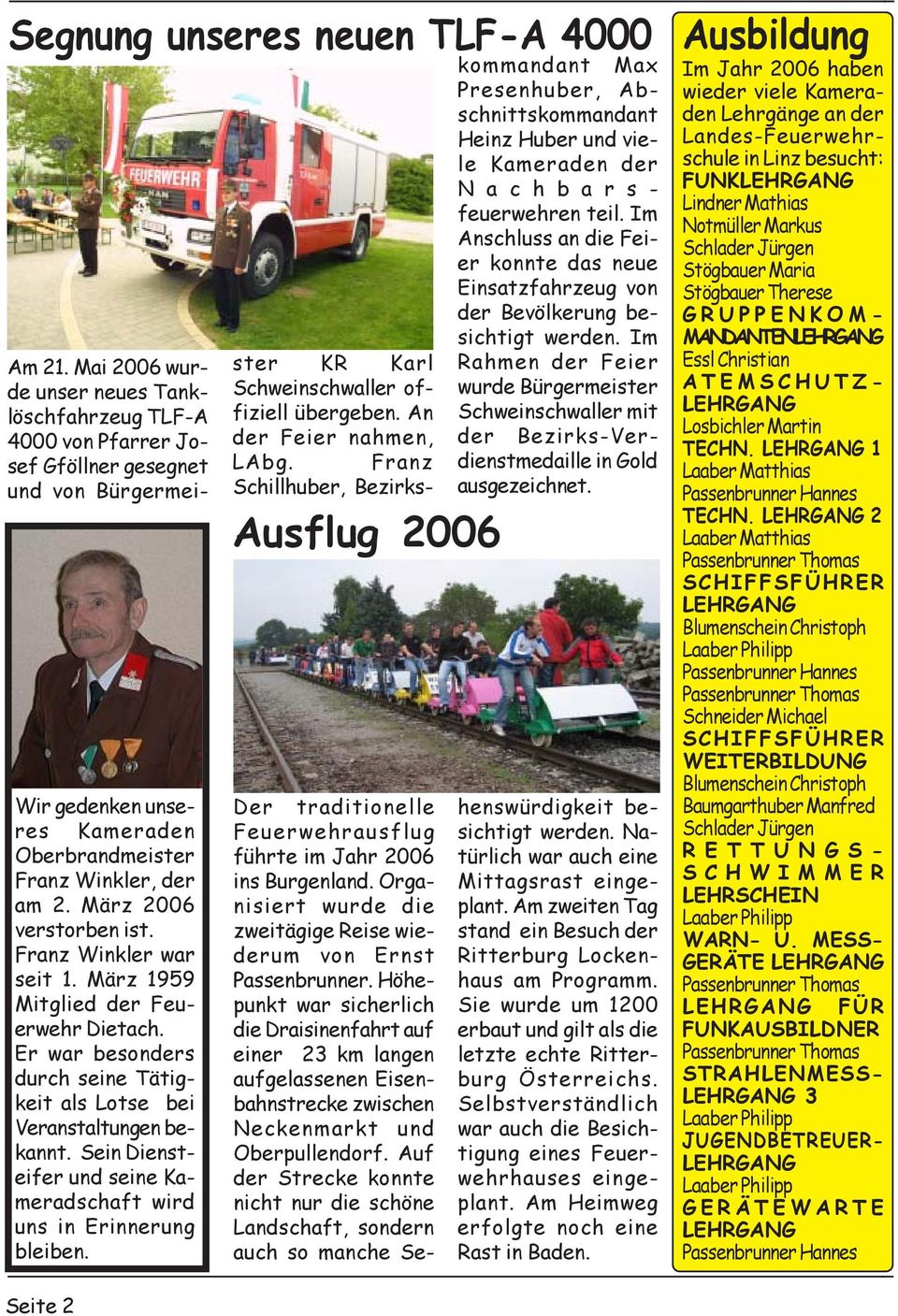 Mai 2006 wurde unser neues Tanklöschfahrzeug TLF-A 4000 von Pfarrer Josef Gföllner gesegnet und von Bürgermeister KR Karl Schweinschwaller offiziell übergeben. An der Feier nahmen, LAbg.