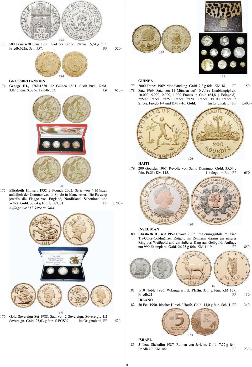 000 Francs in Gold (64,8 g Feingold), 2x500 Francs, 2x250 Francs, 2x200 Francs, 1x100 Francs in Silber. Friedb.1-4 und KM 9-16. Gold. Im Originaletui, PP 1.400,- HAITI 179 200 Gourdes 1967.