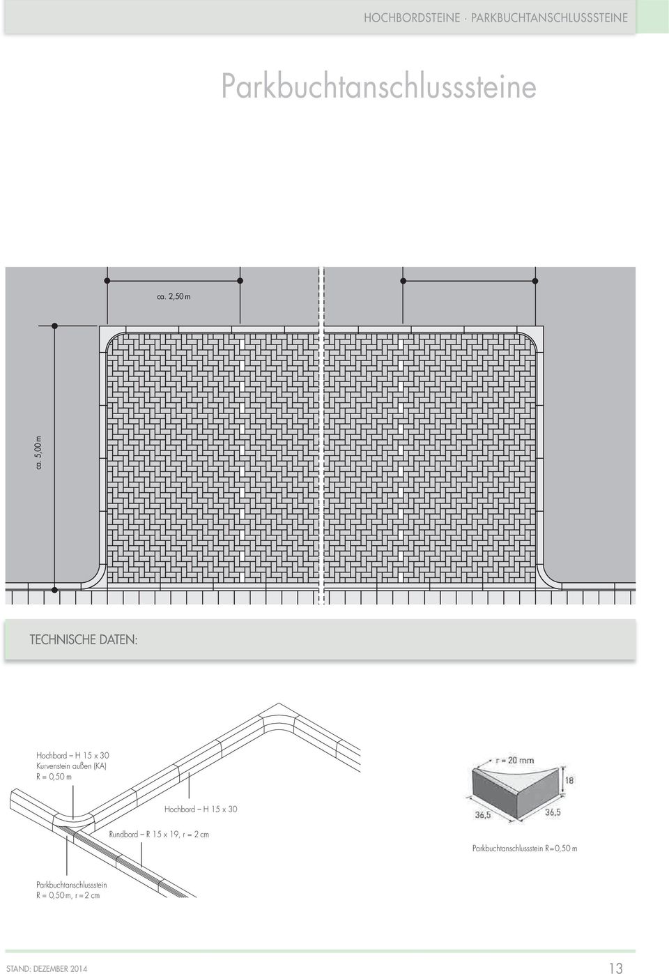 5,00 m TECHNISCHE DATEN: Hochbord H 15 x 30 Kurvenstein außen (KA) R =
