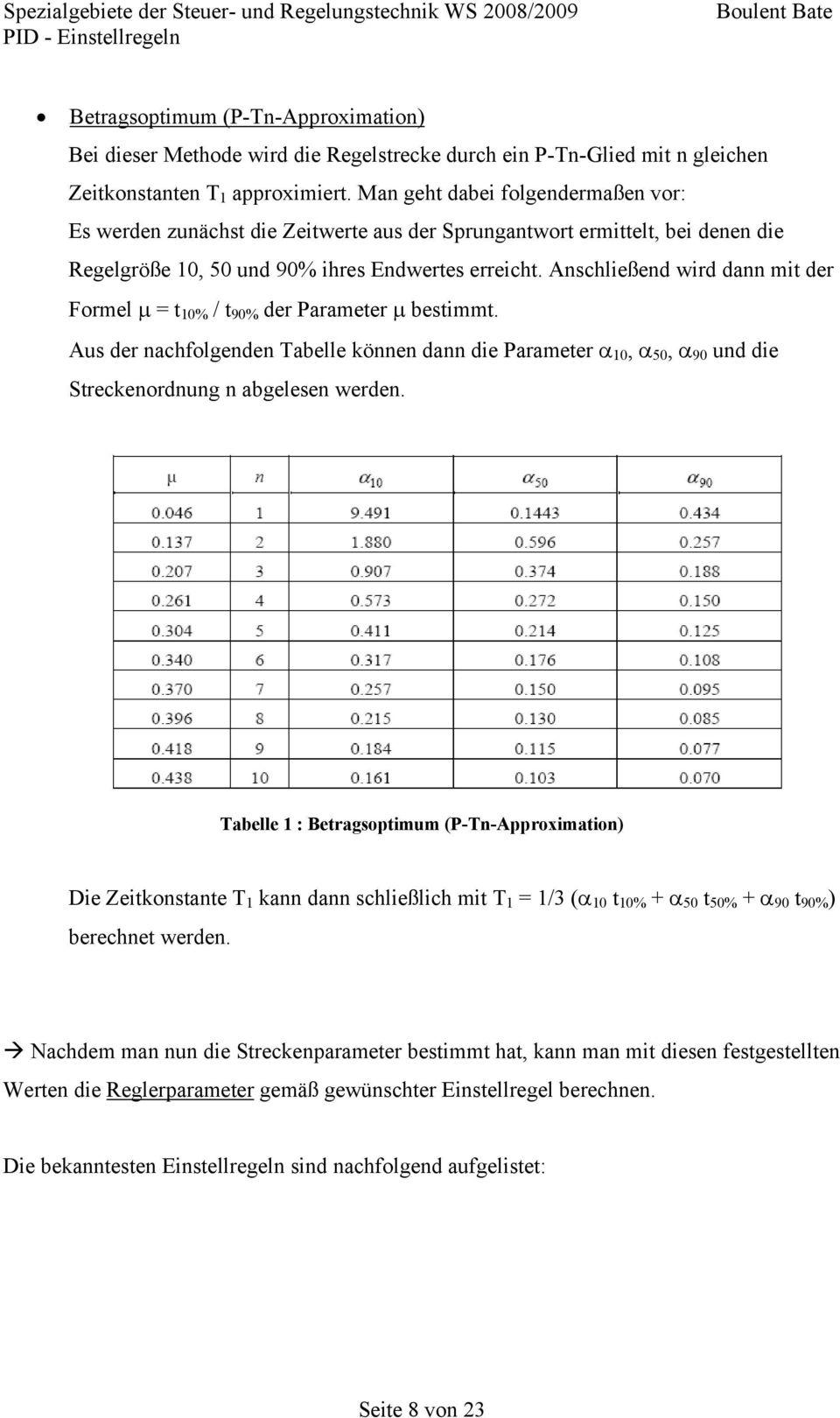 Anschließend wird dann mit der Formel µ = t 10% / t 90% der Parameter µ bestimmt. Aus der nachfolgenden Tabelle können dann die Parameter α 10, α 50, α 90 und die Streckenordnung n abgelesen werden.