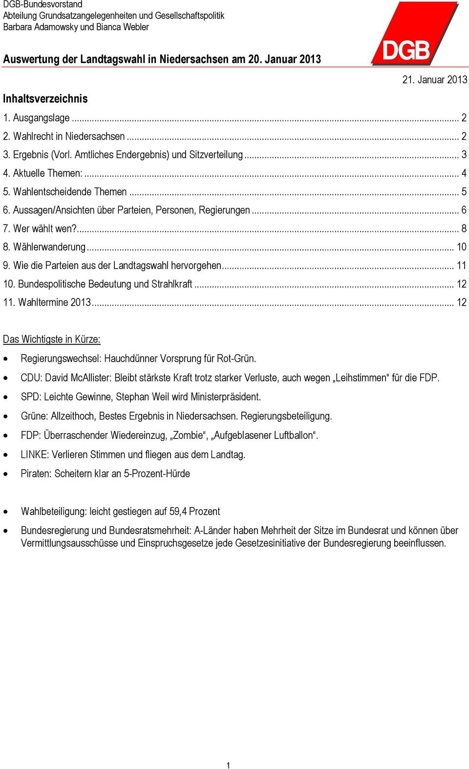 .. 11 10. Bundespolitische Bedeutung und Strahlkraft... 12 11. Wahltermine 2013... 12 Das Wichtigste in Kürze: Regierungswechsel: Hauchdünner Vorsprung für Rot-Grün.