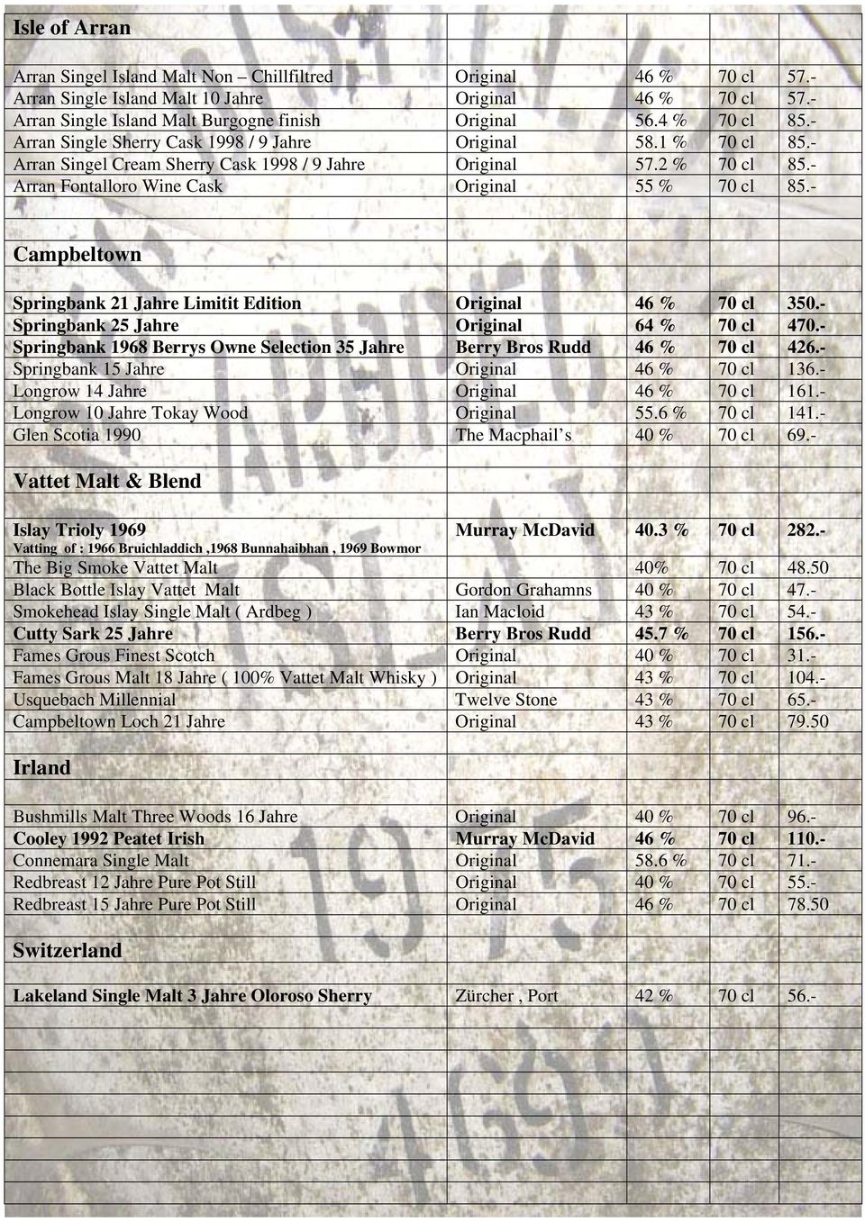 - Arran Fontalloro Wine Cask Original 55 % 70 cl 85.- Campbeltown Springbank 21 Jahre Limitit Edition Original 46 % 70 cl 350.- Springbank 25 Jahre Original 64 % 70 cl 470.