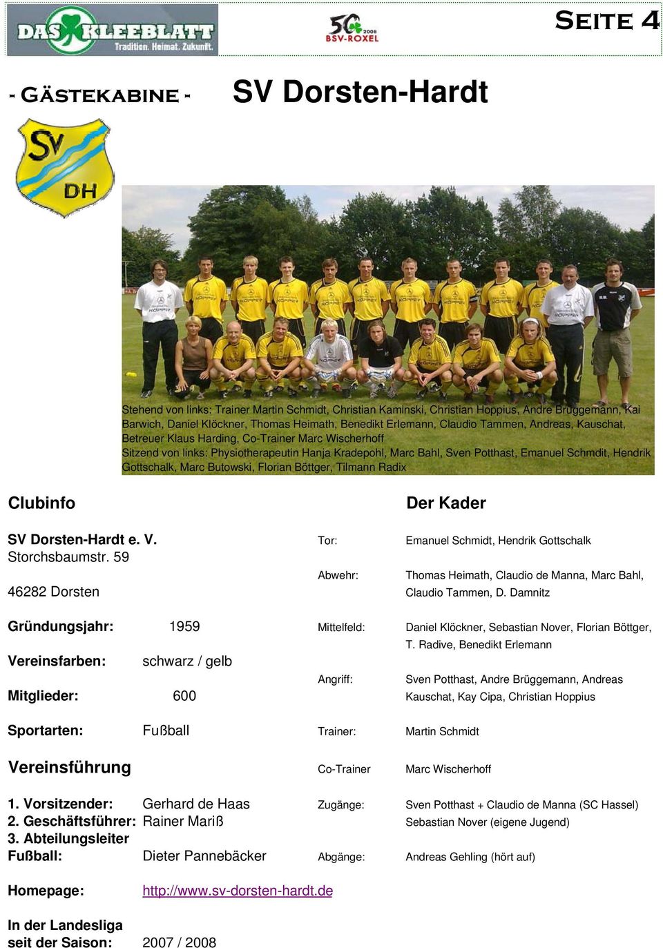 Hendrik Gottschalk, Marc Butowski, Florian Böttger, Tilmann Radix Clubinfo Der Kader SV Dorsten-Hardt e. V. Tor: Emanuel Schmidt, Hendrik Gottschalk Storchsbaumstr.