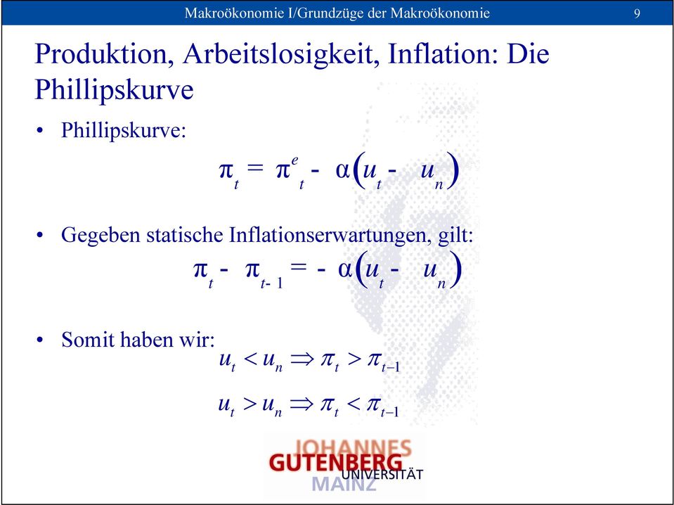 statische Inflationserwartungen, gilt: Somit haben wir: e π = π - α( u -