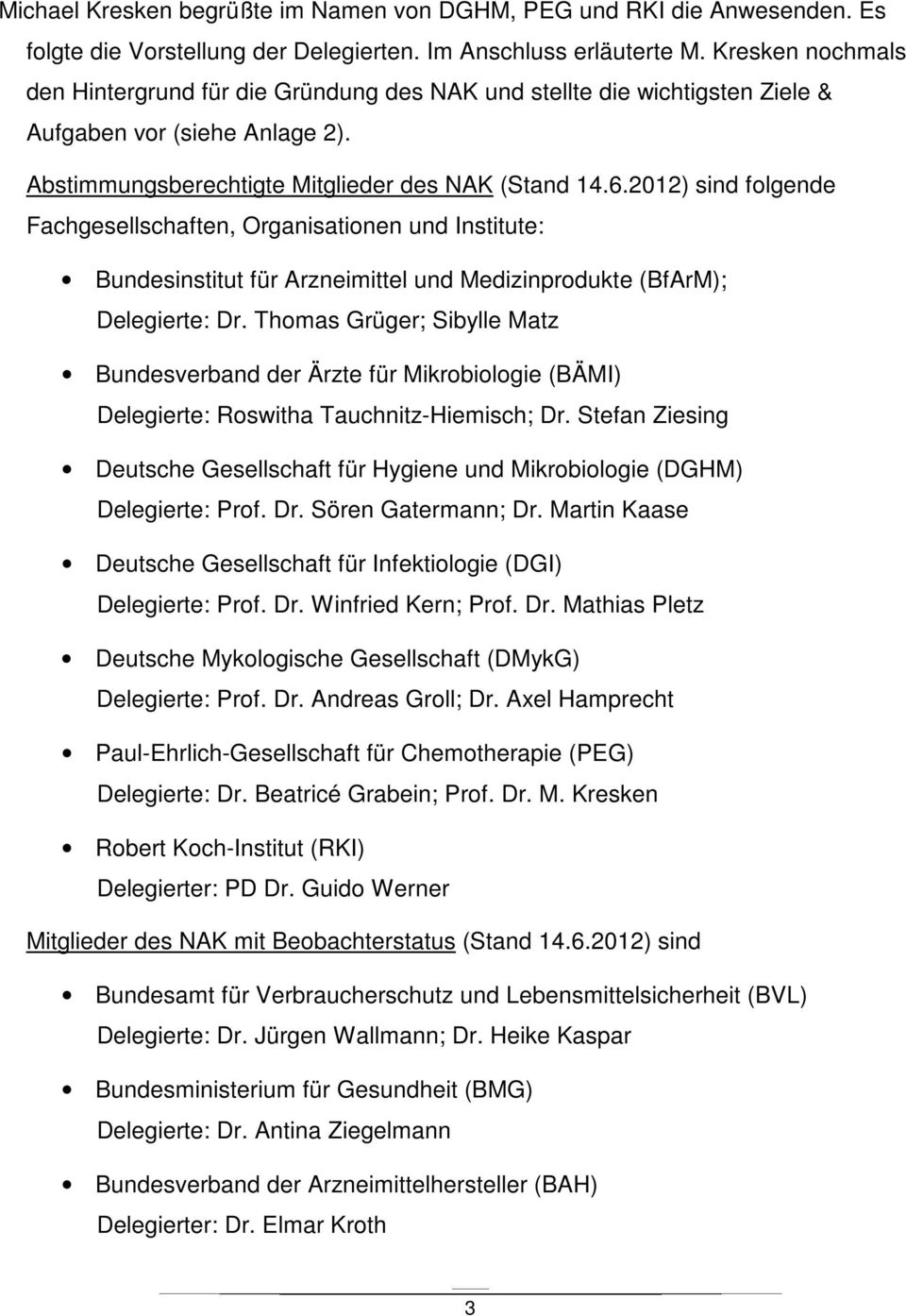 2012) sind folgende Fachgesellschaften, Organisationen und Institute: Bundesinstitut für Arzneimittel und Medizinprodukte (BfArM); Delegierte: Dr.