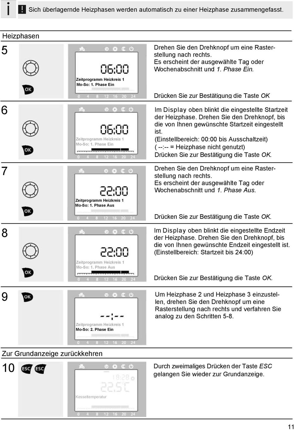 Phase Ein Drücken Sie zur Bestätigung die Taste OK Im Display oben blinkt die eingestellte Startzeit der Heizphase. Drehen Sie den Drehknopf, bis die von Ihnen gewünschte Startzeit eingestellt ist.